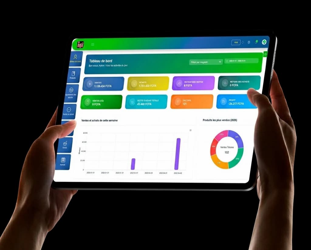 FiaVia ouvert sur une tablette posée sur un comptoir de boutique : écran de caisse et liste des ventes du jour