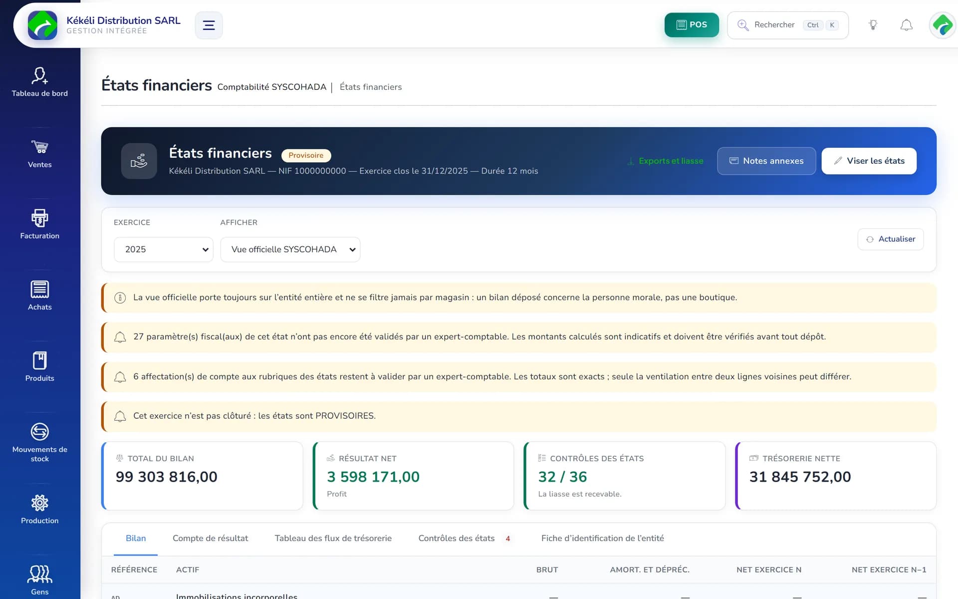 États financiers SYSCOHADA dans FiaVia : bilan, compte de résultat et tableau des flux de trésorerie d'un exercice clos, avec contrôles de cohérence et mention « la liasse est recevable »