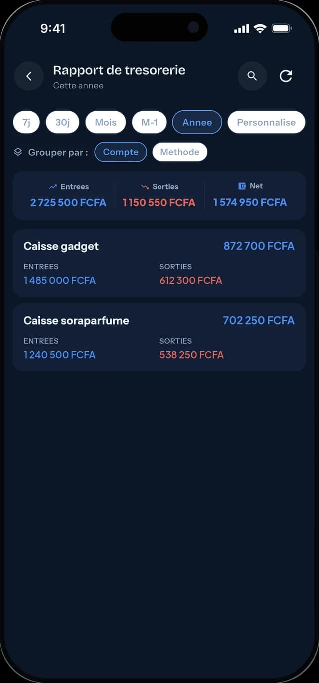 Application mobile FiaVia : rapport de trésorerie de l'année, entrées, sorties et solde net détaillés caisse par caisse