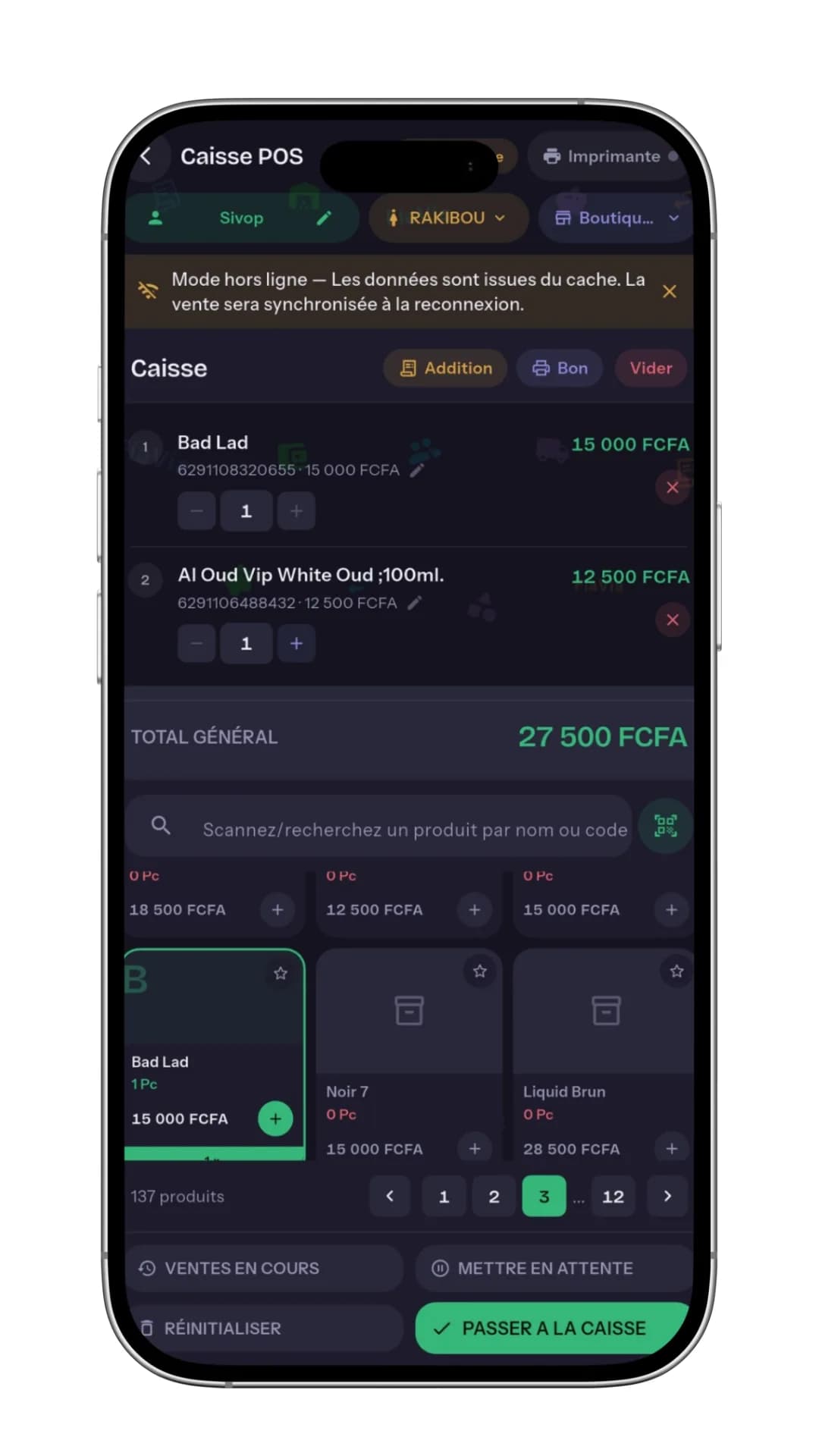 application de gestion de stock Fiavia sur téléphone : caisse en mode hors ligne, stock mis à jour à la reconnexion