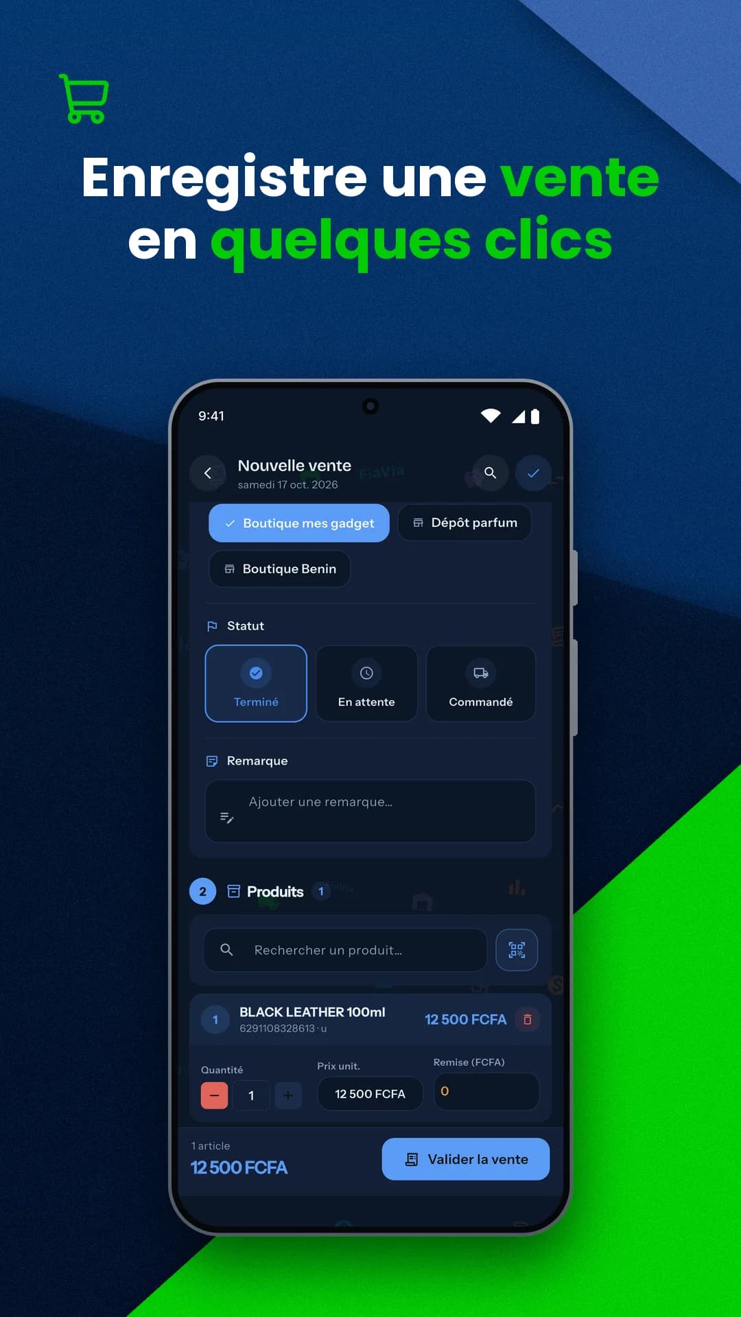 Application Android de gestion : vente rapide POS Fiavia sur téléphone