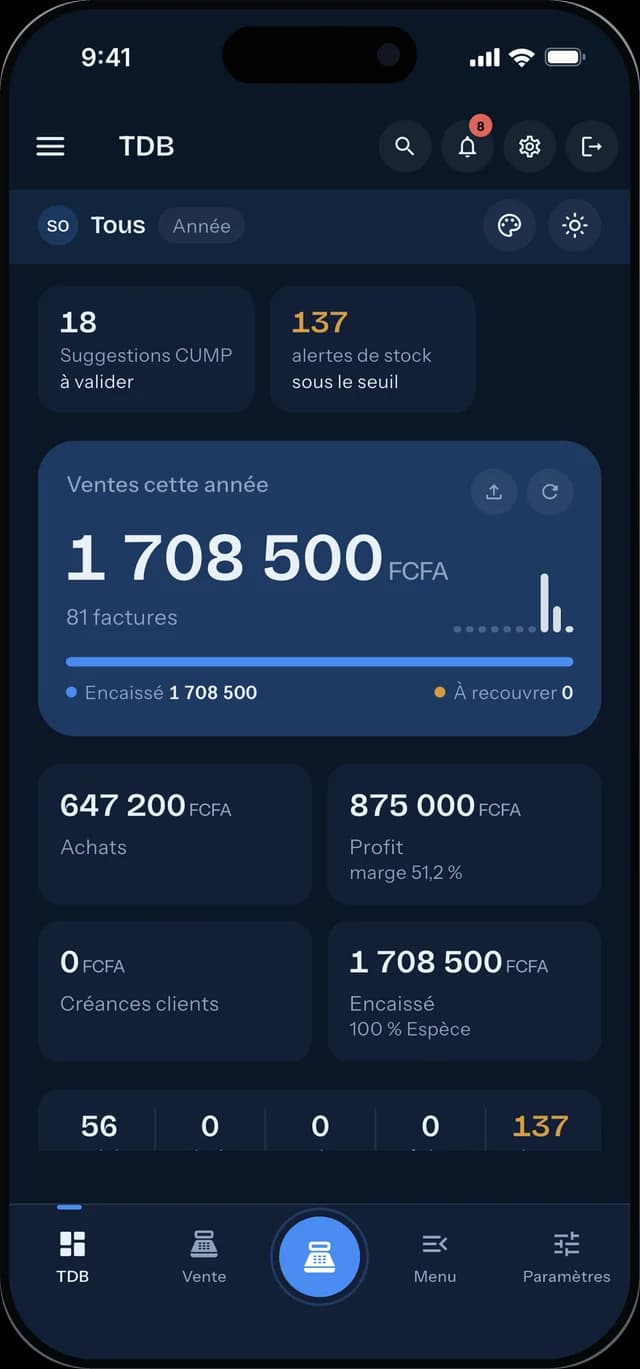 Application mobile FiaVia : tableau de bord affichant les ventes de l'année, les achats, le profit et les alertes de stock