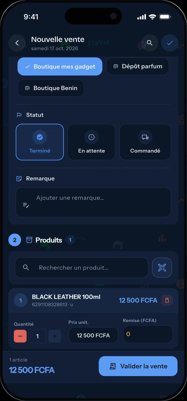 Application mobile FiaVia : saisie d'une nouvelle vente, choix du magasin, recherche de produit et validation de l'encaissement